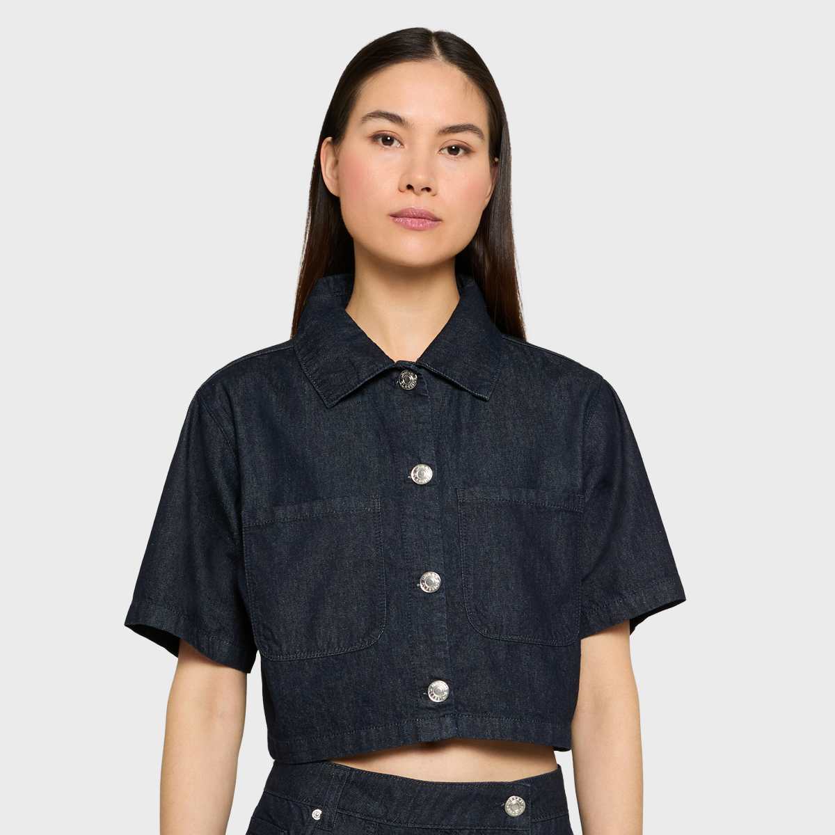Ladies Cropped Light Denim Shirt