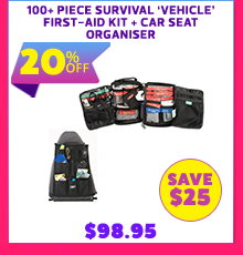100+ Piece Survival Vehicle First-Aid Kit + Car Seat Organiser