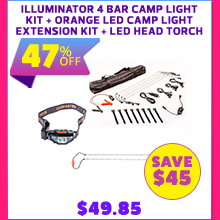 Illuminator 4 Bar Camp Light Kit + Orange LED Camp Light Extension Kit + LED Head Torch