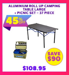 Aluminium Roll Up Camping Table Large + Picnic Set - 37 Piece