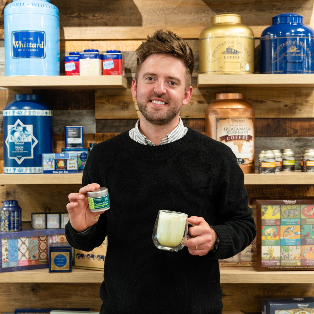 image of liam with coconut matcha and made up drink