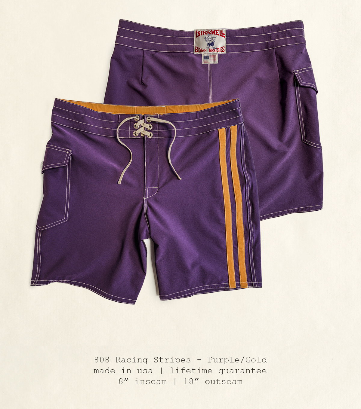 808 Racing Stripes - Purple/Gold | made in usa | lifetime guarantee | 8" inseam | 18" outseam