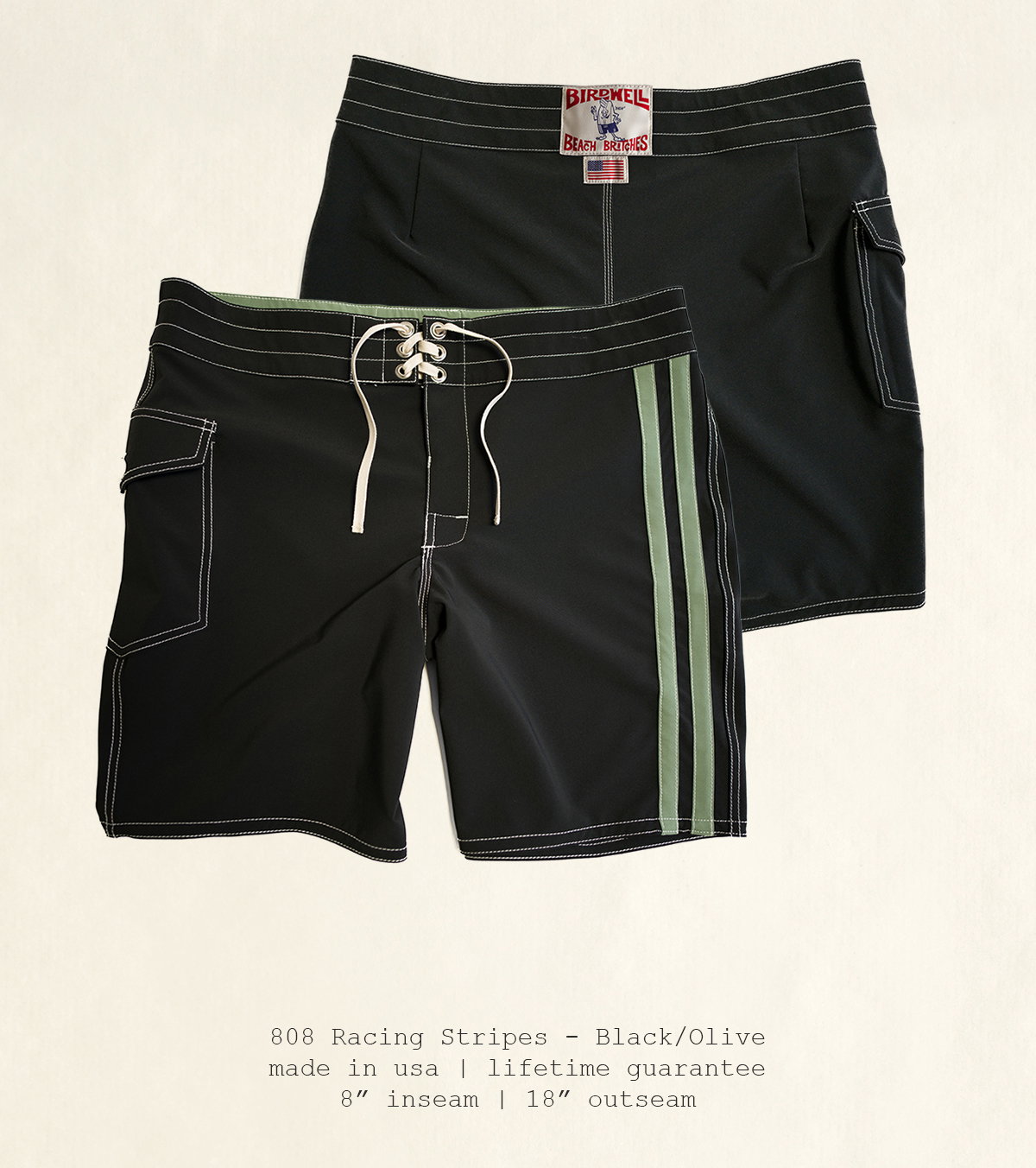 808 Racing Stripes - Black/Olive | made in usa | lifetime guarantee | 8" inseam | 18" outseam