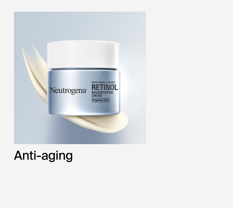 Neutrogena® Rapid Wrinkle Repair® Retinol Regenerating Cream with texture swipe on light blue background.