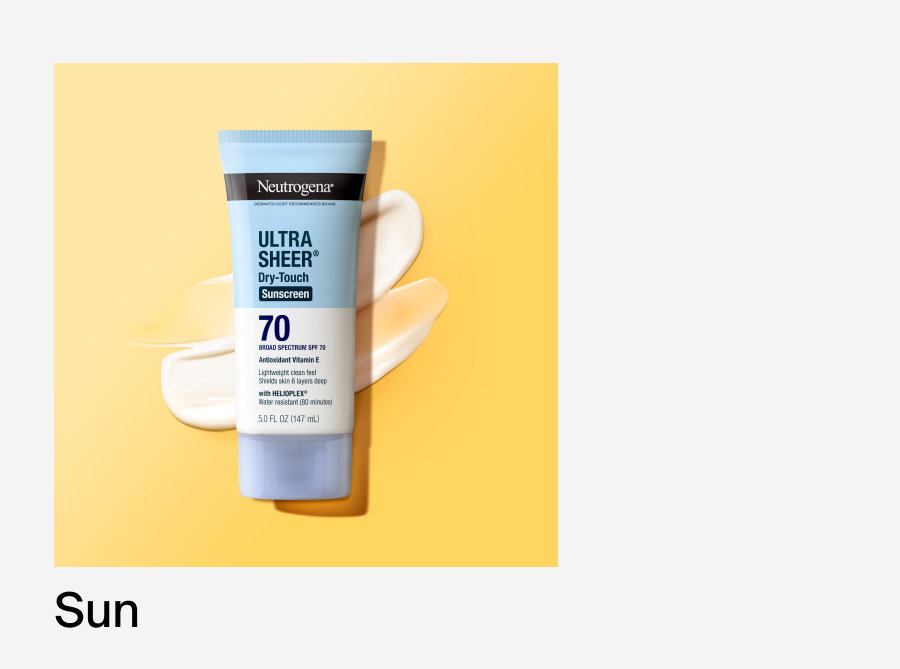 Neutrogena® Ultra Sheer® Dry-Touch Sunscreen SPF 70 with texture swipe below on yellow background