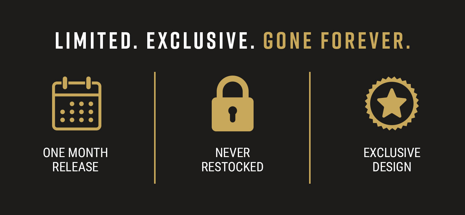 Limited. Exclusive. Gone Forever. One month release. Never restocked. Exclusive design.