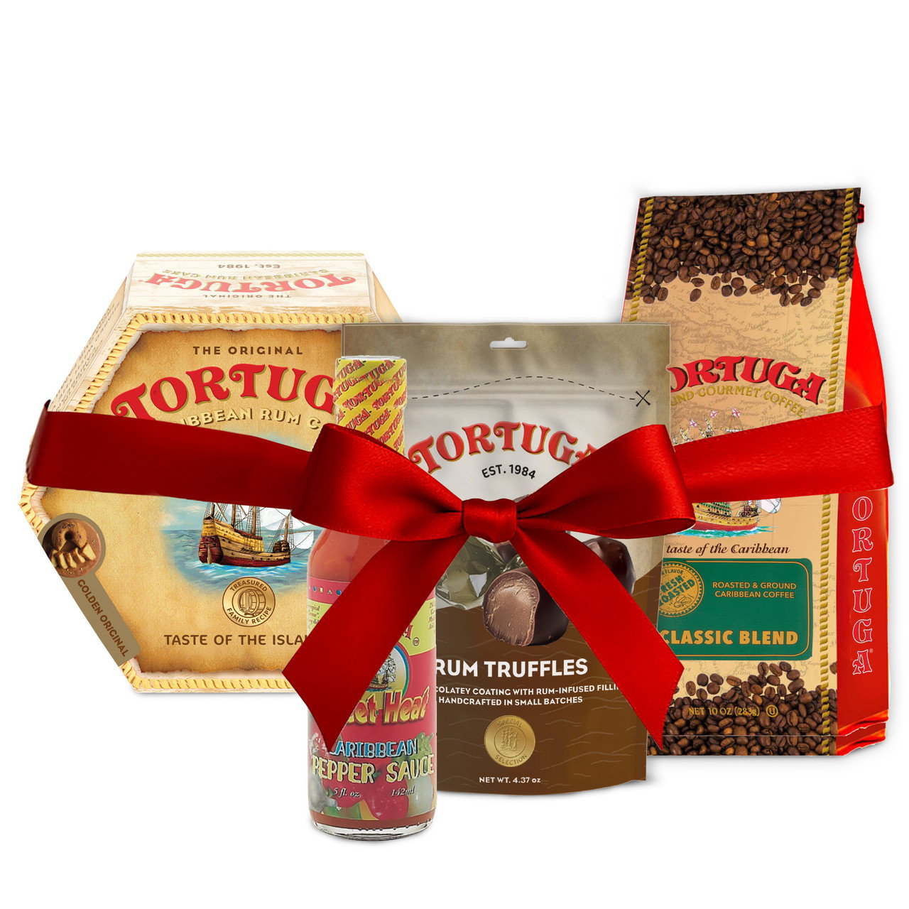 Image of Gift Bundle - Rum Truffles + 4oz Golden Original Rum Cake + Sweet Heat Pepper Sauce + Classic Blend Coffee