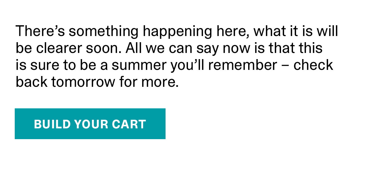 There’s something happening here, what it is will be clearer soon. All we can say now is that this is sure to be a summer you’ll remember – check back tomorrow for more. | BUILD YOUR CART >>