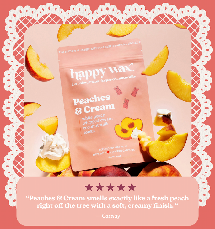 "peaches & cream smells exactly like a fresh peach right off the tree with a soft, creamy finish." -cassidy