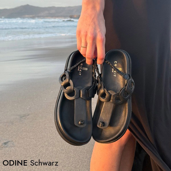 ODINE Schwarz Extra Leichte Sandale aus Leder mit Wechselfußbett und flexibler Sohle
