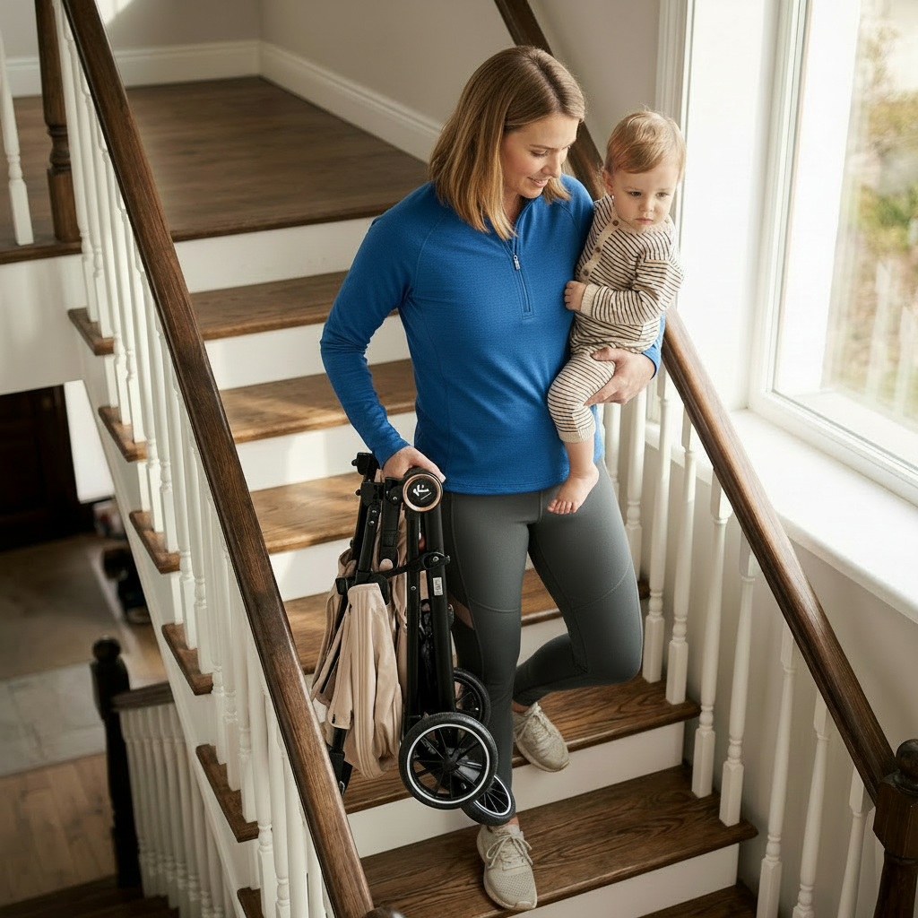 A woman carrying her KoziKids stroller and her child down the stairs