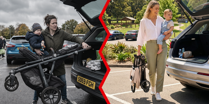 Image of a woman struggling to get her heavy stroller in her car & a woman easily lifting her lightweight KoziKids stroller