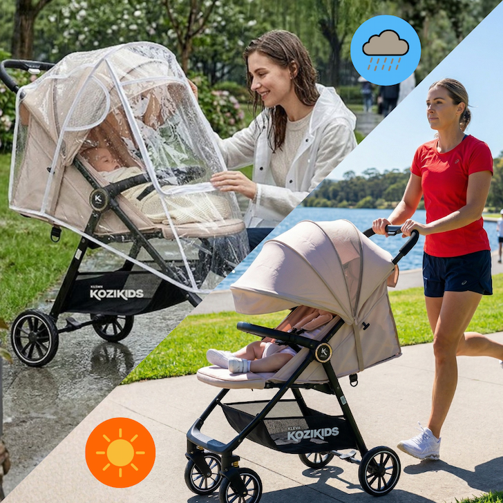 A woman with her stroller in the rain and a woman going for a run with her stroller in the sun 