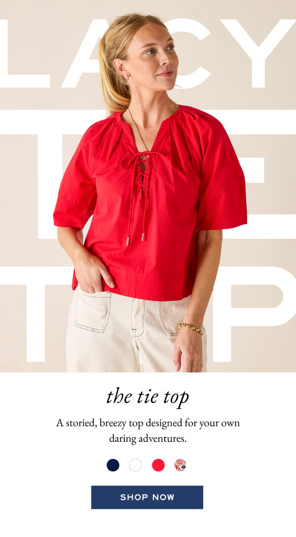 The Tie Top - A storied, breezy top designed for your own daring adventures. - Shop now - Image of a woman wearing a red top with lace-up detail