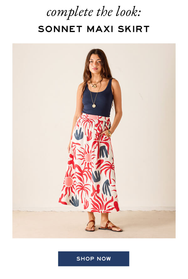 Complete the Look: Sonnet Maxi Skirt - Shop now - Image of a woman wearing a red, white and blue floral print maxi skirt