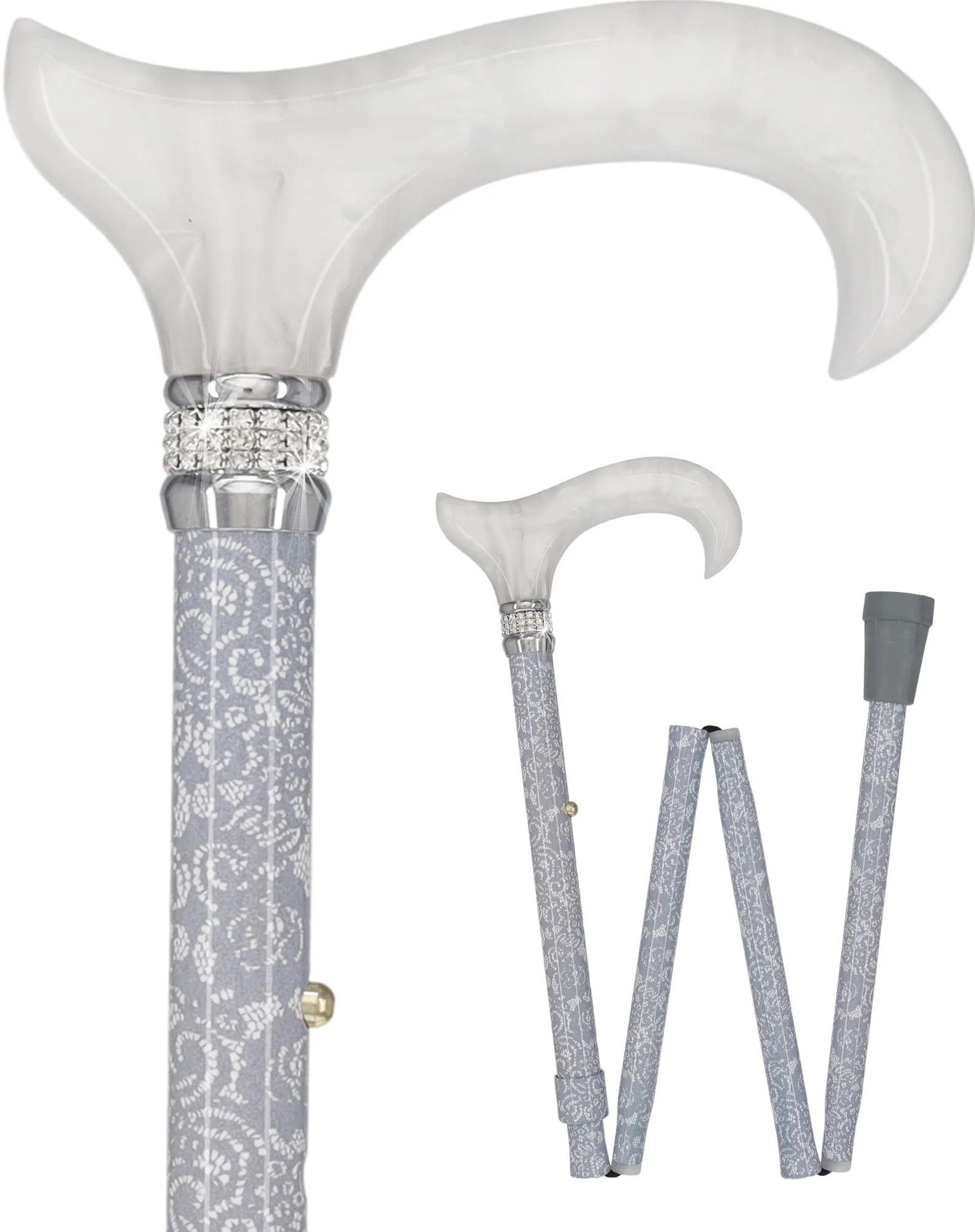 Image of Graceful Lace Pearlz Folding Desinger Adjustable Cane w/ Rhinestone collar