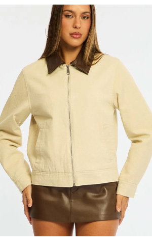 Beige Worker Jacket Faux Leather Collar