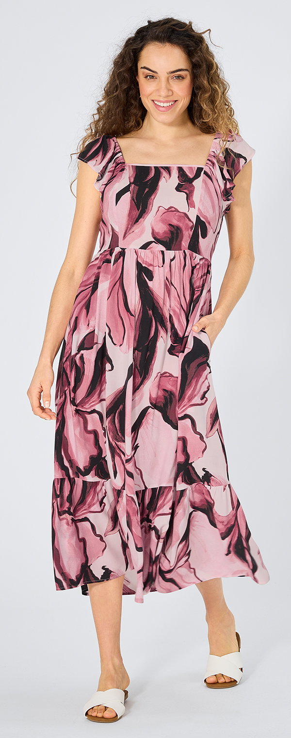 Frauenmodel trägt Kleid, rosa gemustert, ärmellos, knöchellang, Rüschen an den Ärmeln, Vorderansicht