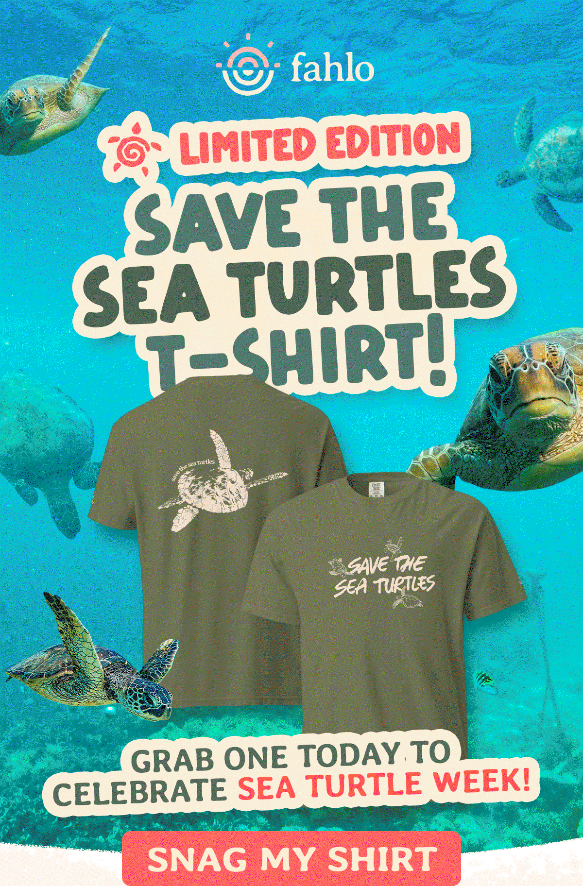 Grab a limited-edition Save the Turtles T-shirt! Celebrate Sea Turtle Week! Snag your shirt now!