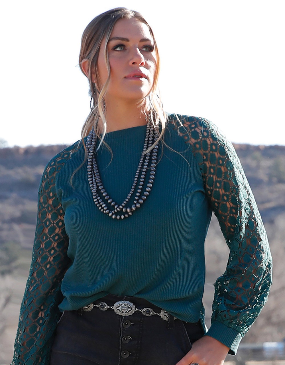 Image of Cruel Women's Crochet Long Sleeve Solid Top - Forest Green
