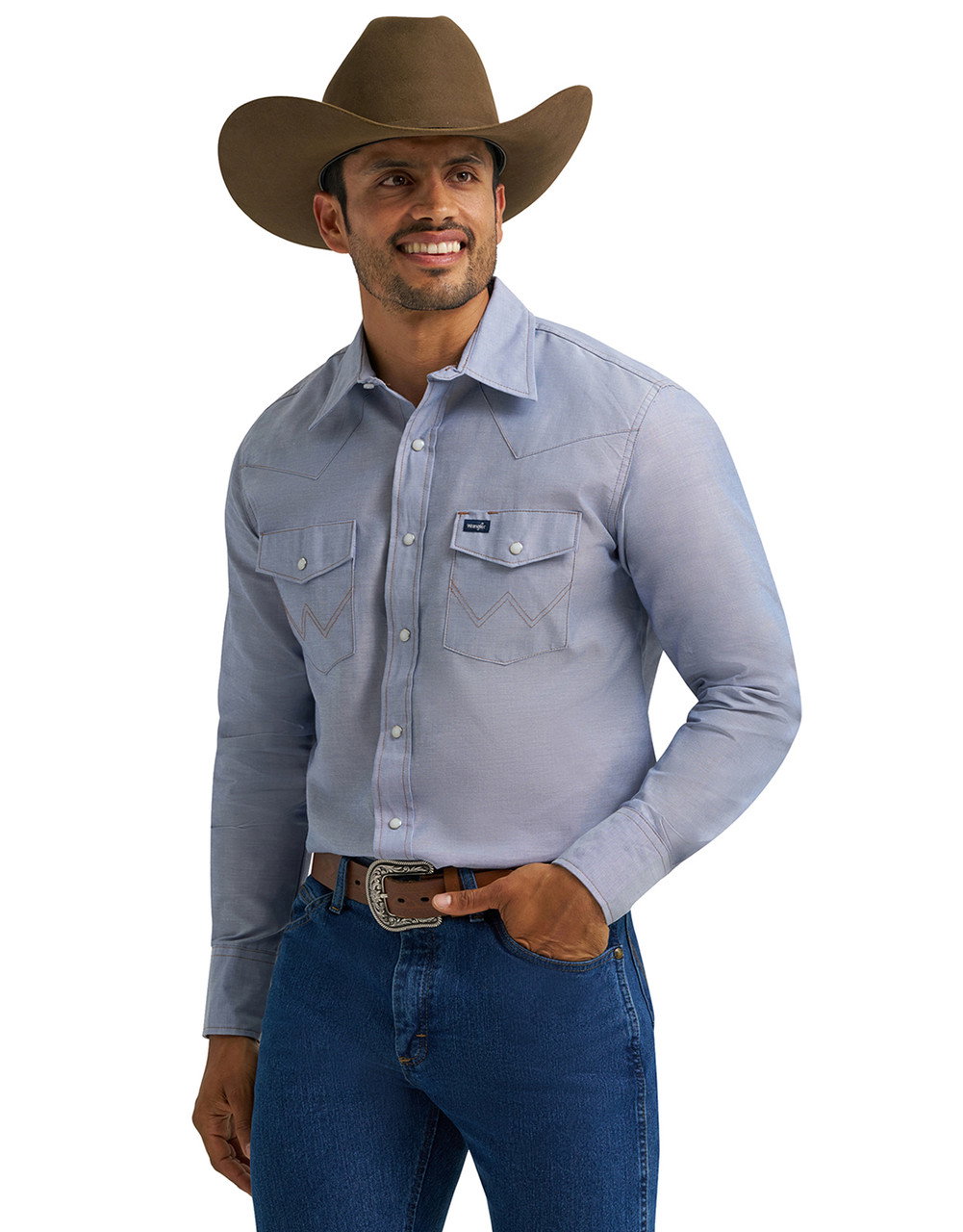 Image of Wrangler Men's Long Sleeve Chambray Snap Western Work Shirt - Non Indigo Chambray