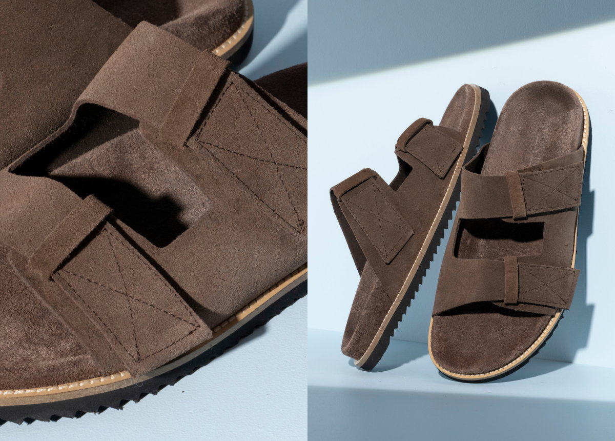 Close up images of the stitchwork on the Seagrove Sandal in Chocolate Suede. Click here to shop now.