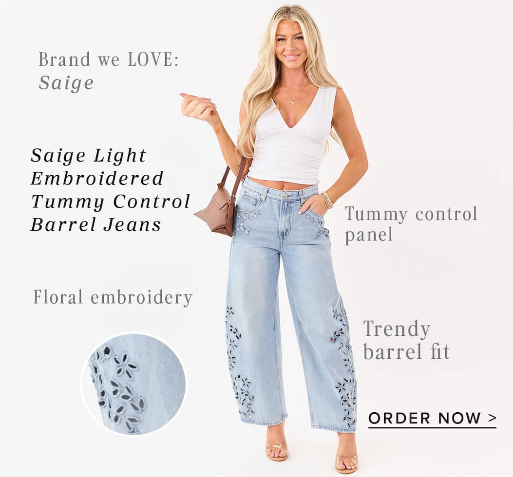 Saige Light Embroidered Tummy Control Barrel Jeans