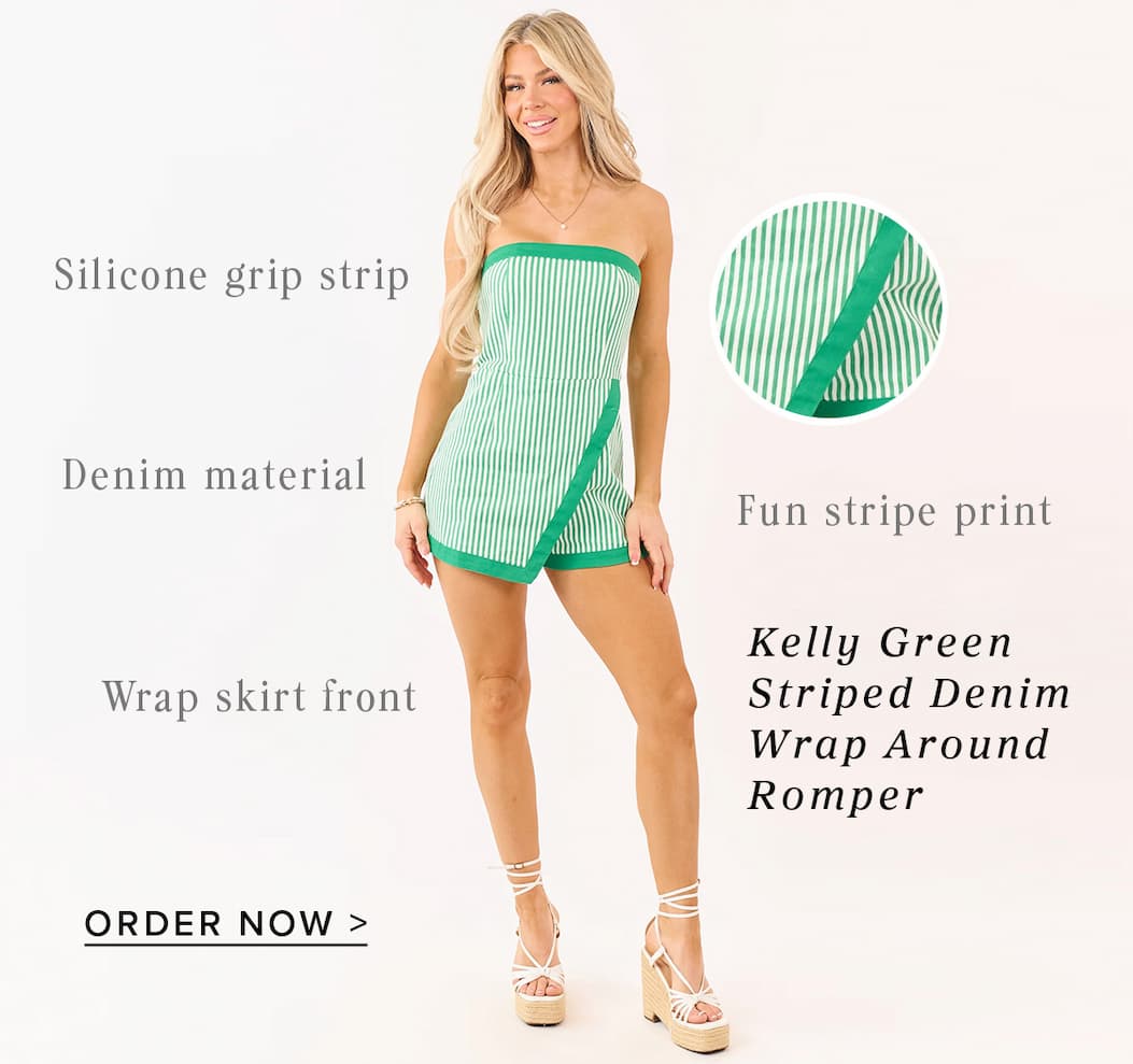 Kelly Green Striped Denim Wrap Around Romper