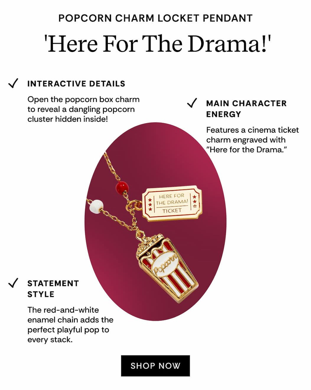 'Here For The Drama!' Popcorn Charm Locket Pendant