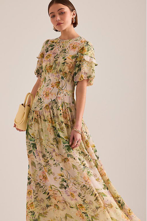 By Anthropologie Fifi Floral Puff-Sleeve Maxi Dress