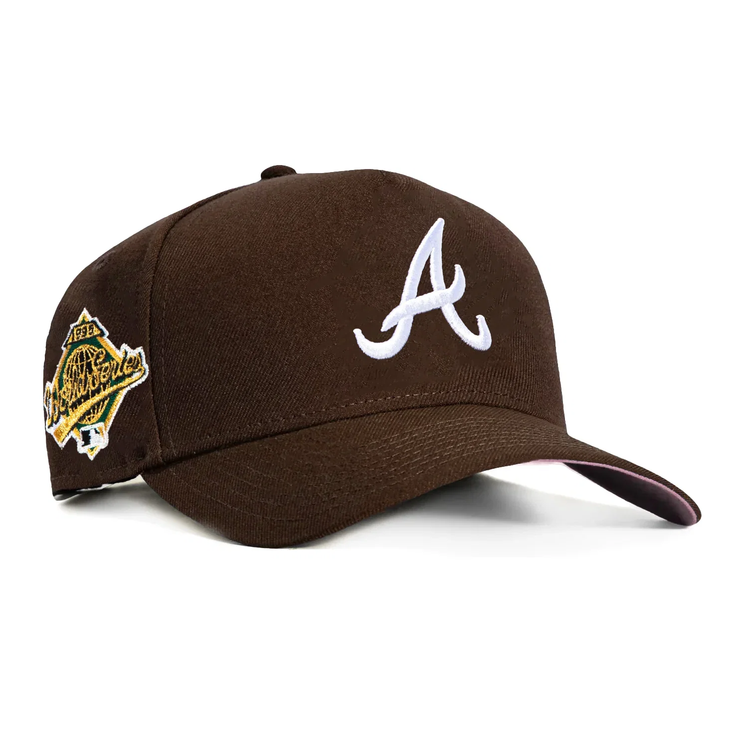Image of New Era 9Forty A-Frame Atlanta Braves 1995 World Series Patch Pink UV Snapback Hat - Brown