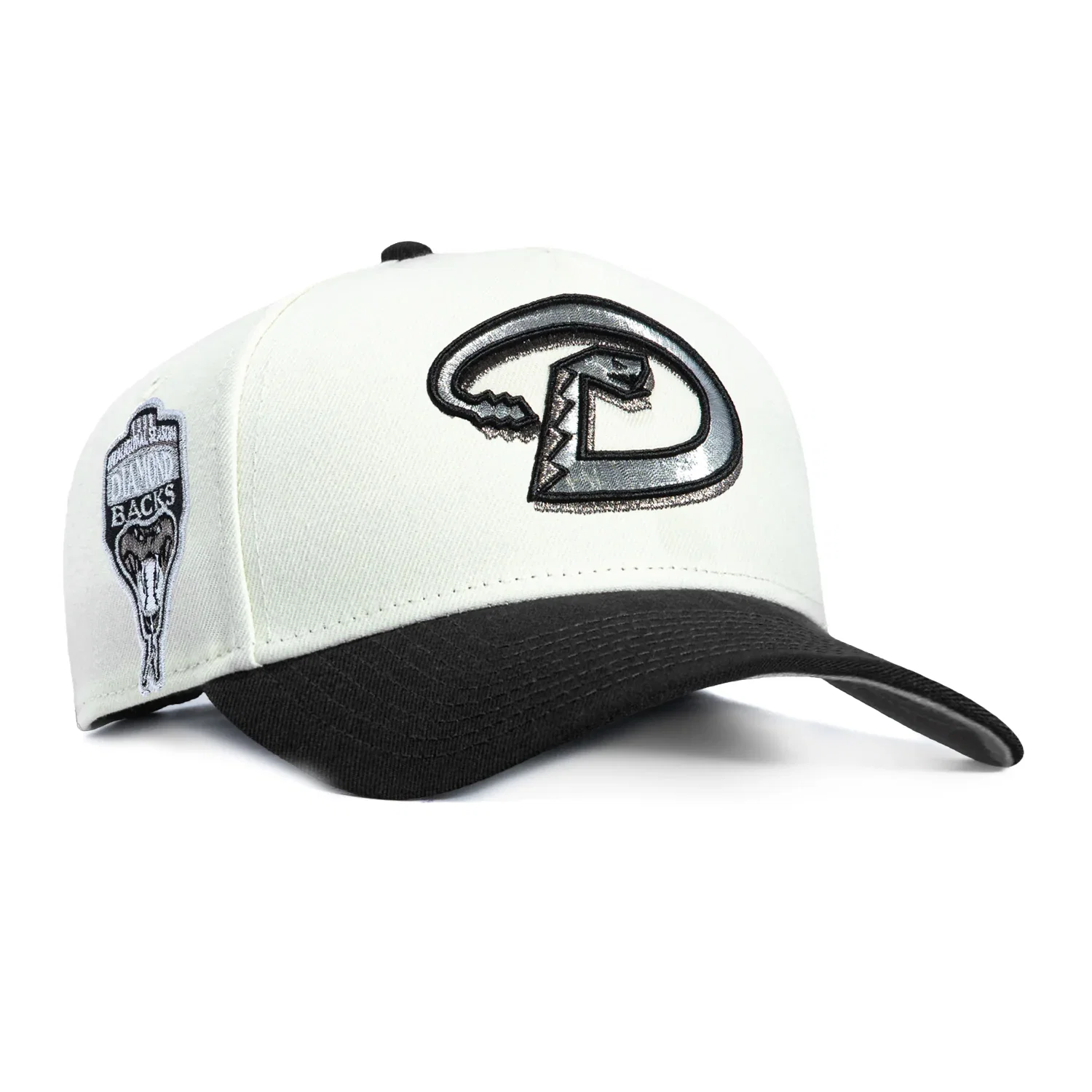 Image of New Era 9Forty A-Frame Arizona Diamondbacks Inaugural Patch Snapback D Hat - White, Black, Metallic Silver