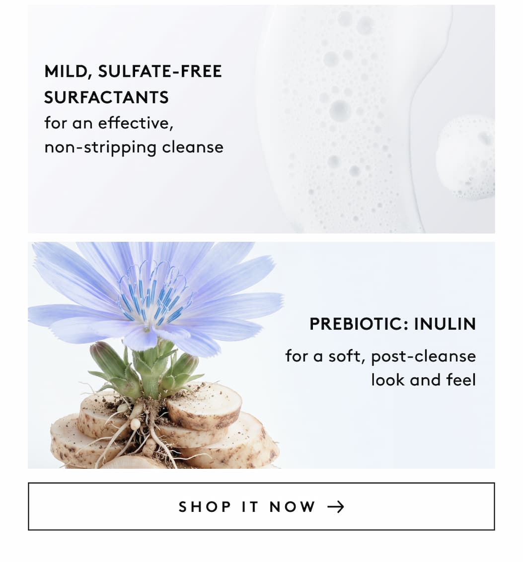 Mild, Sulfate-Free Surfactants PREBIOTIC: Inulin SHOP IT NOW 