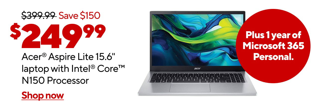 (AD: $249.99) Acer 15 Intel Celeron Laptop w/ 1 Year of M365 Personal Included, $99.99 Value (Reg:$399.99, Save $150)