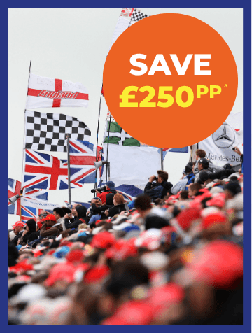Crowd at a sporting event with flags, featuring a prominent savings announcement.