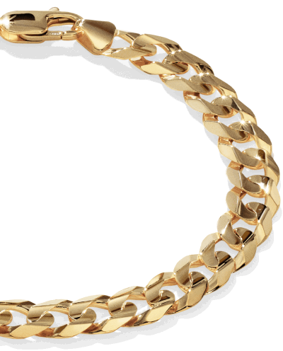 Yellow gold curb chain bracelet with diamond-cut links and lobster clasp.
