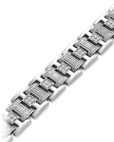 Stainless steel bracelet with pavé diamond accents and geometric link detailing.