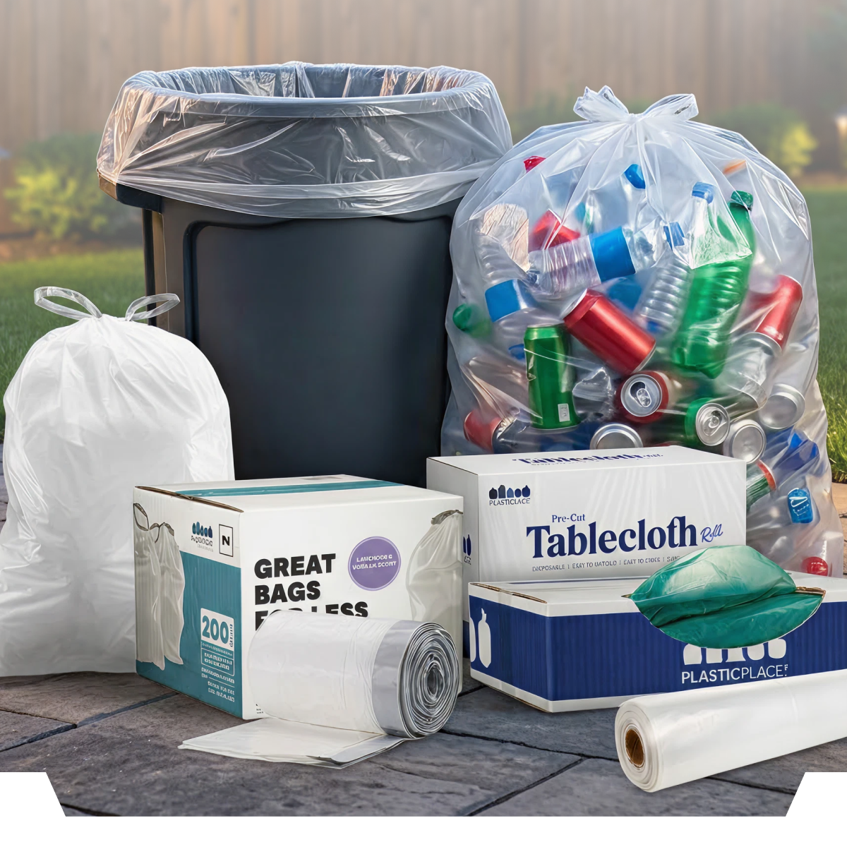 A collection of trash bags, recycling, and plastic tablecloths near a trash bin.