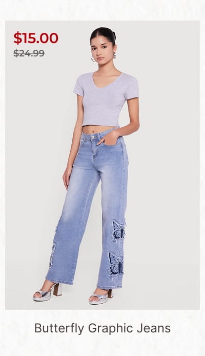 Shop Embroidered Butterfly Graphic Frayed Wide Leg Jeans