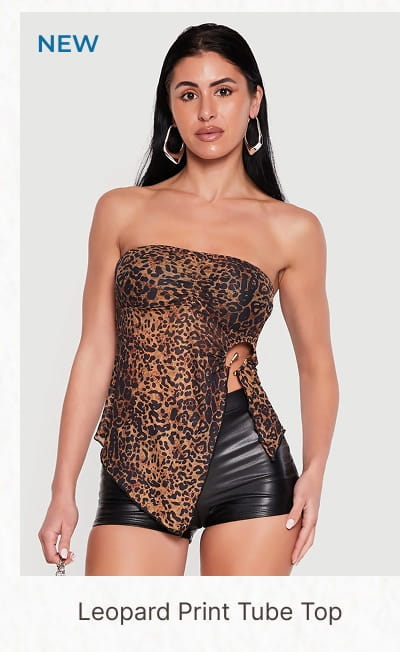 Shop Leopard Print Tube Top with Metallic Side Slit Detail