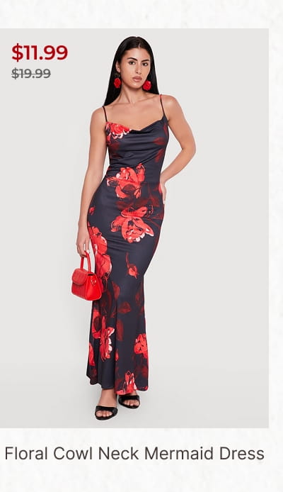 Shop Floral Cowl Neck Ruched Detail Mermaid Dress