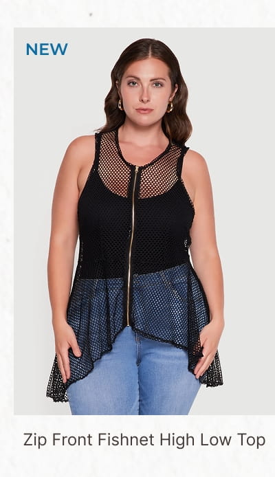 Shop Plus Size Zip Front Fishnet High Low Top