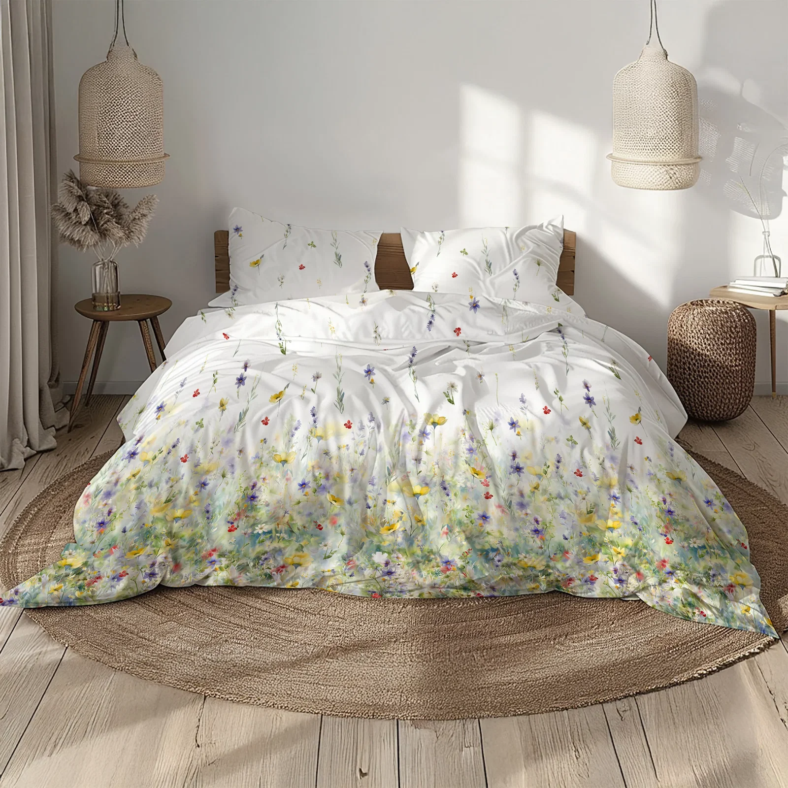 Image of Completo Lenzuola Copriletto in Percalle di <br>Cotone con Stampa Floreale - <b>Wildflower