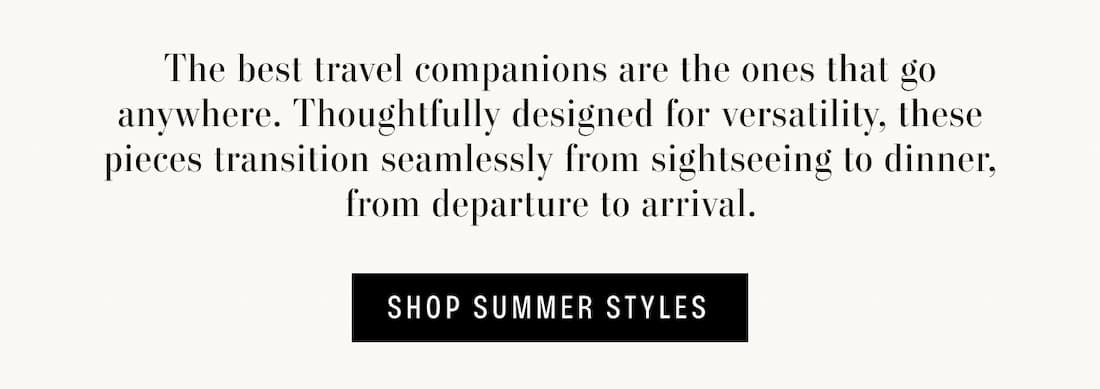 Image shows models wearing the Romilly Dress in Black and the Simona Top, styled with Carli Slim Sunglasses by Eleventh Hour in Black.Text reads: The best travel companions are the ones that go anywhere. Thoughtfully designed for versatility, these pieces transition seamlessly from sightseeing to dinner, from departure to arrival.