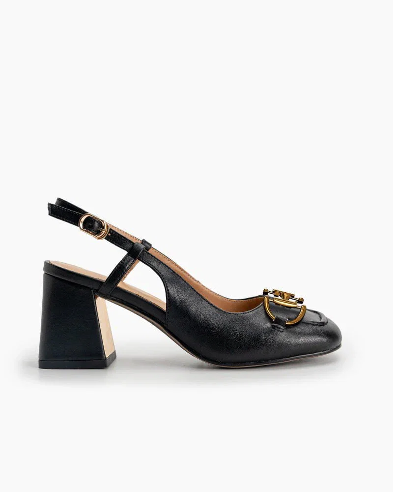 (Clean Up) Classic Metal Buckle Thick Heel Slingback Loafers