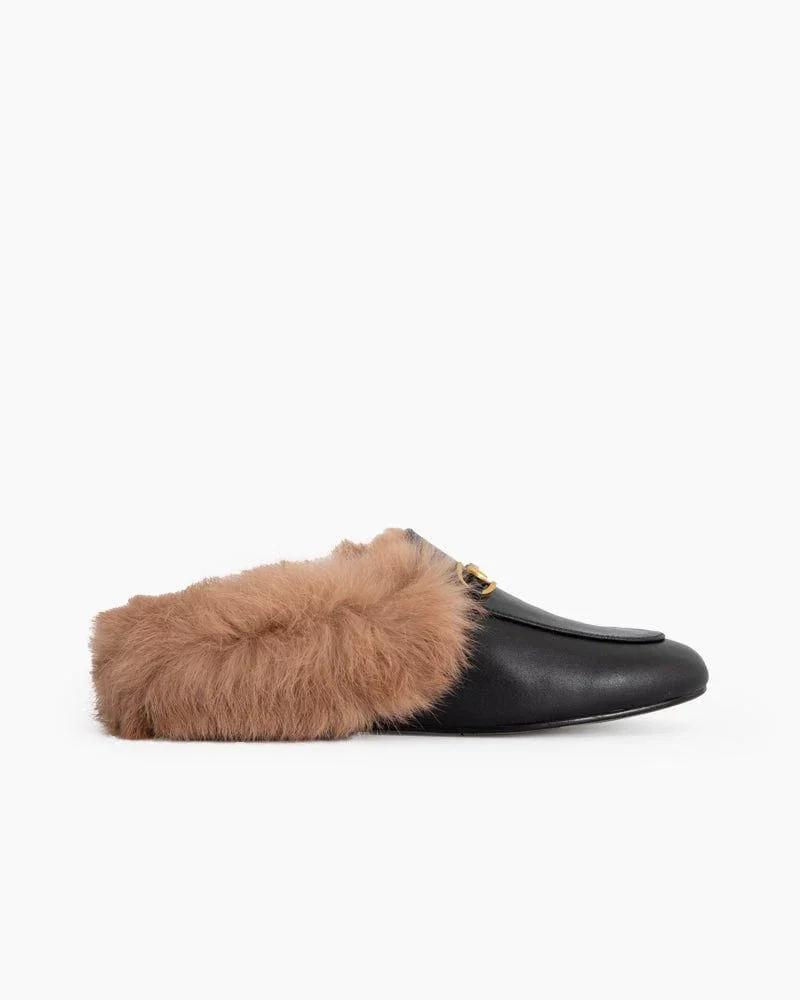 (Clean Up) Classic Metal Buckle Backless Fur Flat Slippers Mules