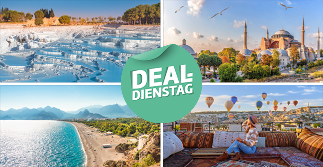 Bild-Collage: Kalkterrassen von Pamukkale, Moschee in Istanbul, Blick auf langen Sandstrand der Ägäis, Frau schaut von Terrasse auf Heißluftballons in Kappadokien.