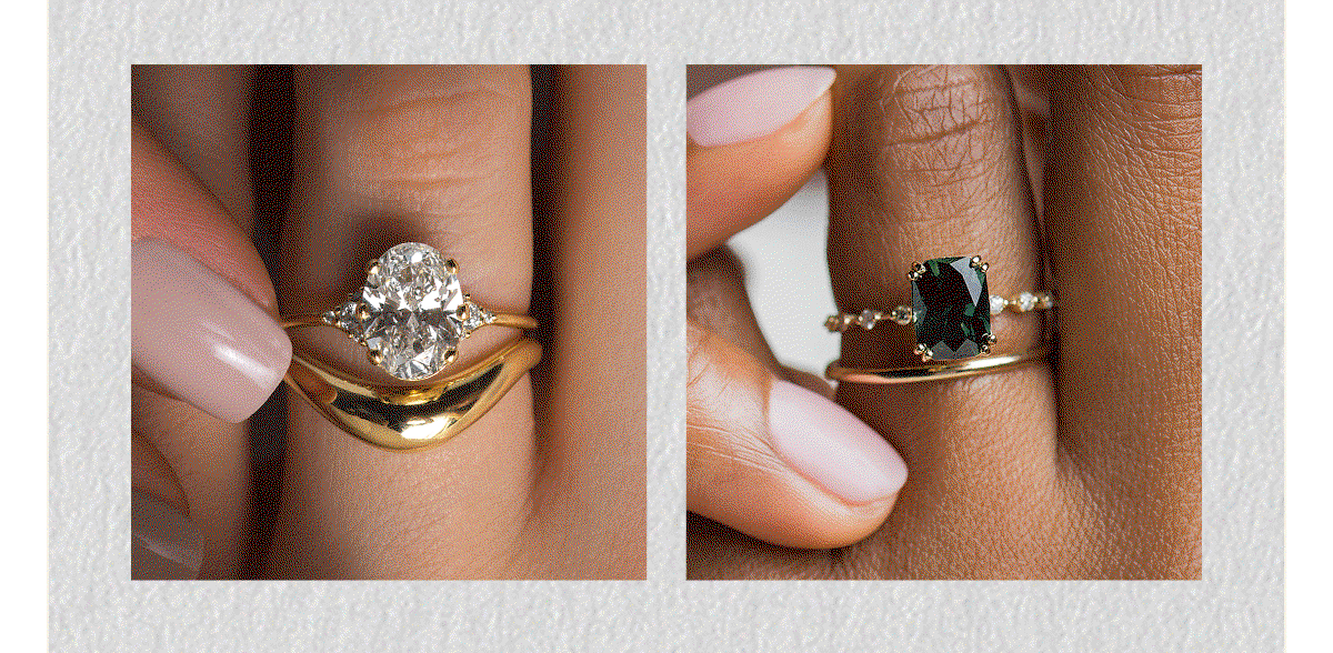 Overview of several pieces available in the In Stock Engagement Rings Collection, shown worn by models in a collage.