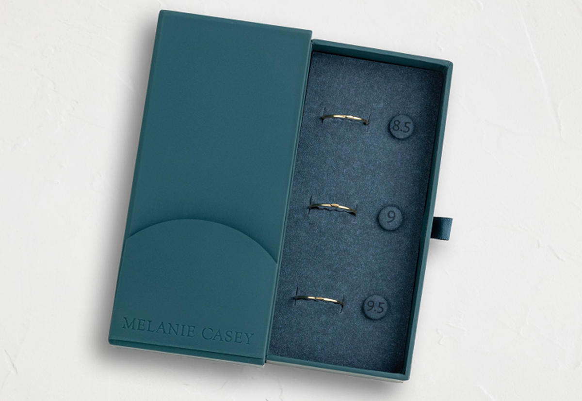 Overview of the Melanie Casey Perfect Fit Ring Sizer Kit, shown open on a textured white background