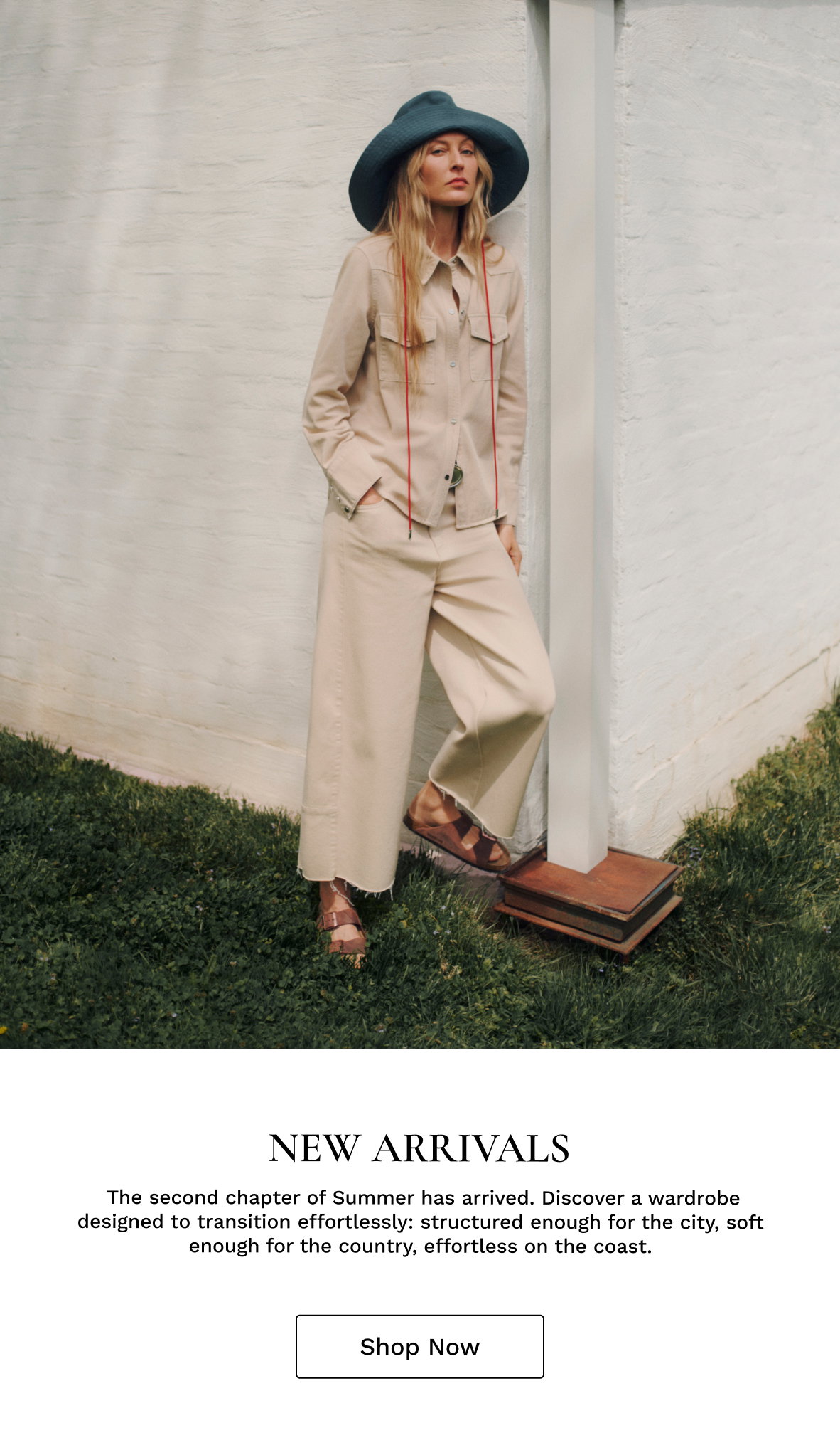 Image of a model in a neutral denim outfit followed by black text.
